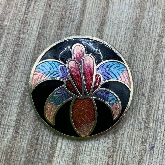 Cloisonne Vintage Enamel Iris Circle Gold Tone Brooch Pin - Picture 1 of 6